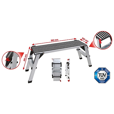 Klappbare, silberne Arbeitsbühne mit schwarzen, geriffelten Trittflächen. Maße und Details sind durch rote Linien und Kreise hervorgehoben.